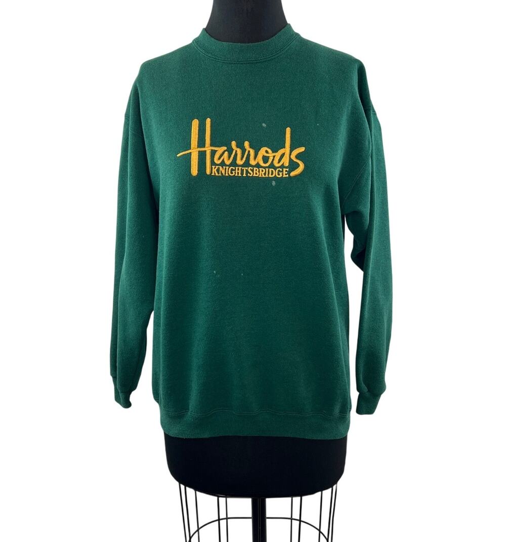 VTG Harrods Knightsbridge Green Yellow Sweatshirt Cotton Crew Neck Size Medium M